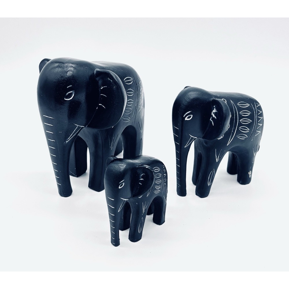 Wooden Elephant Family Figurines Black White Set of 3 Decor 2.5-5.5 Inches Tall